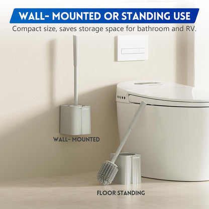 Toilet Brush and Holder Set, Silicone Toilet Bowl Brush, Bathroom Accessories, Durable Toilet Scrubber Bristles, Compact Size for RV, Wall Mountable, Drip-Proof, Deep Cleaning. (White)