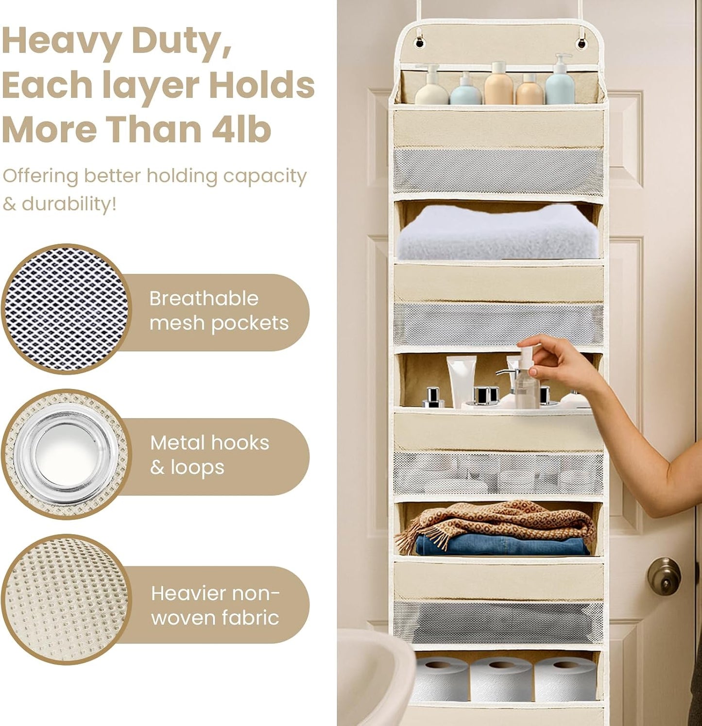 Over The Door Organizer with LifetimeWarranty, 4 Shelves & 4 Side Pockets, Large Storage Rack Holds 44lb, Heavy-Duty Reinforced Mesh Shelf for Bathroom, Closet, Toy Organization, Shoes, Towels, Grey