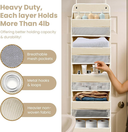 Over The Door Organizer with LifetimeWarranty, 4 Shelves & 4 Side Pockets, Large Storage Rack Holds 44lb, Heavy-Duty Reinforced Mesh Shelf for Bathroom, Closet, Toy Organization, Shoes, Towels, Grey