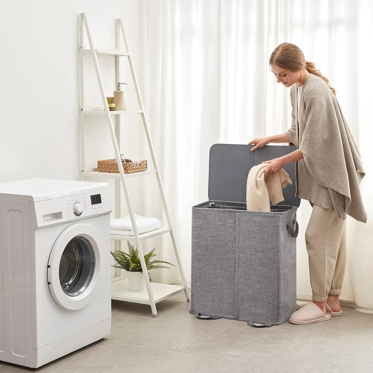 Lifewit Double Laundry Hamper with Lid and Removable Laundry Bags, Large Collapsible 2 Dividers Dirty Clothes Basket with Handles for Bedroom Laundry Room Closet Bathroom College, 136L Beige