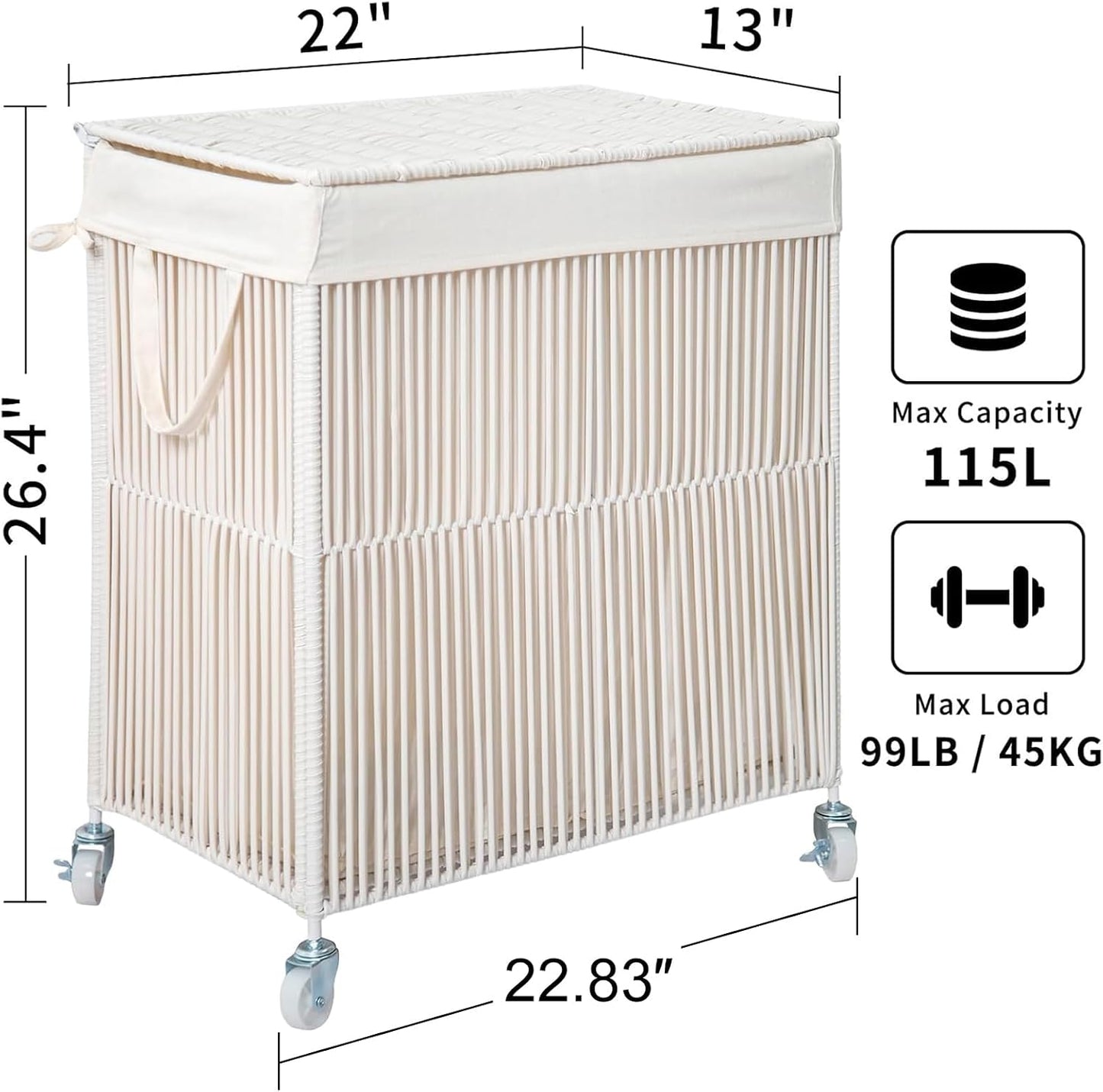 WOWLIVE Laundry Hamper with Wheels, 160L Handwoven Rolling Laundry Basket 3 Section with Lid, Clothes Hamper with Removable Liner Bags, Large Capacity Laundry Sorter Laundry Room Organization, Natural