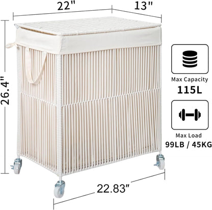 WOWLIVE Laundry Hamper with Wheels, 160L Handwoven Rolling Laundry Basket 3 Section with Lid, Clothes Hamper with Removable Liner Bags, Large Capacity Laundry Sorter Laundry Room Organization, Natural