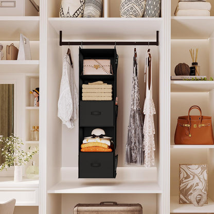 YOUDENOVA Hanging Closet Organizer, 5 Tier Hanging Closet Shelves with 6 Side Pockets and 2 Drawers, Black