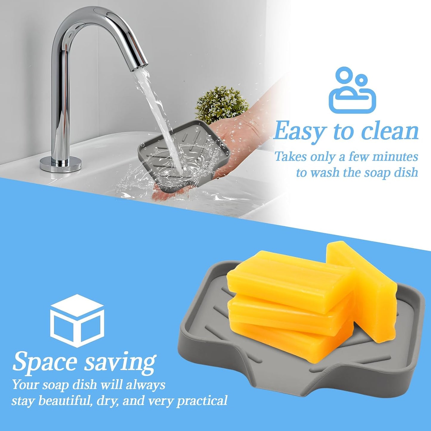 BokWin Silica Gel Soap Dish with Drain, Grey, 4.8x3.5 Inch | 1 Pack, Self Draining Soap Tray, For Shower, Bathroom and Kitchen, Sink Organizer, Bar Soap Holder