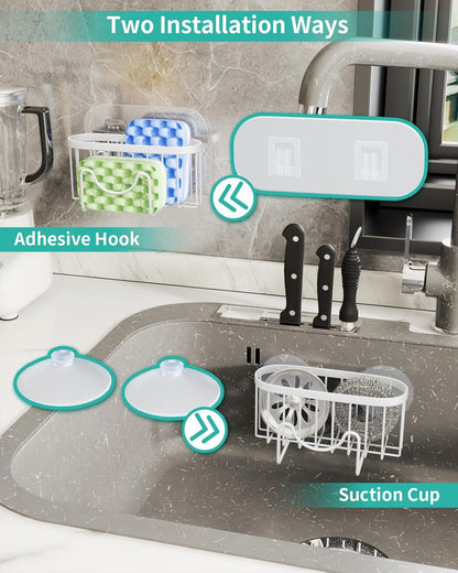 HapiRm Multifunctional Sponge Holder with Unique M-Shaped, 2 Installation Methods Kitchen Sink Caddy Organizer, Rustproof Stainless Steel Kitchen Organizers and Storage Essentials - Black