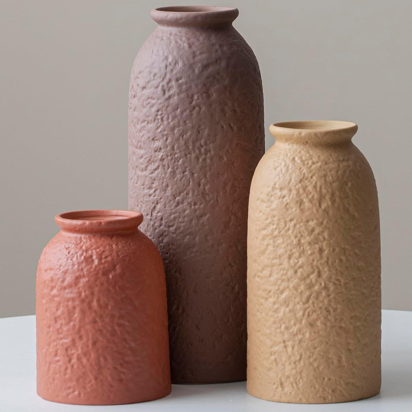 Ceramic Vase Set-3, Small Flower Vases for Decor, Modern Boho Farmhouse Style, Decorative Vases for Pampas Grass & Dried Flowers, Distressed Finish (Beige)