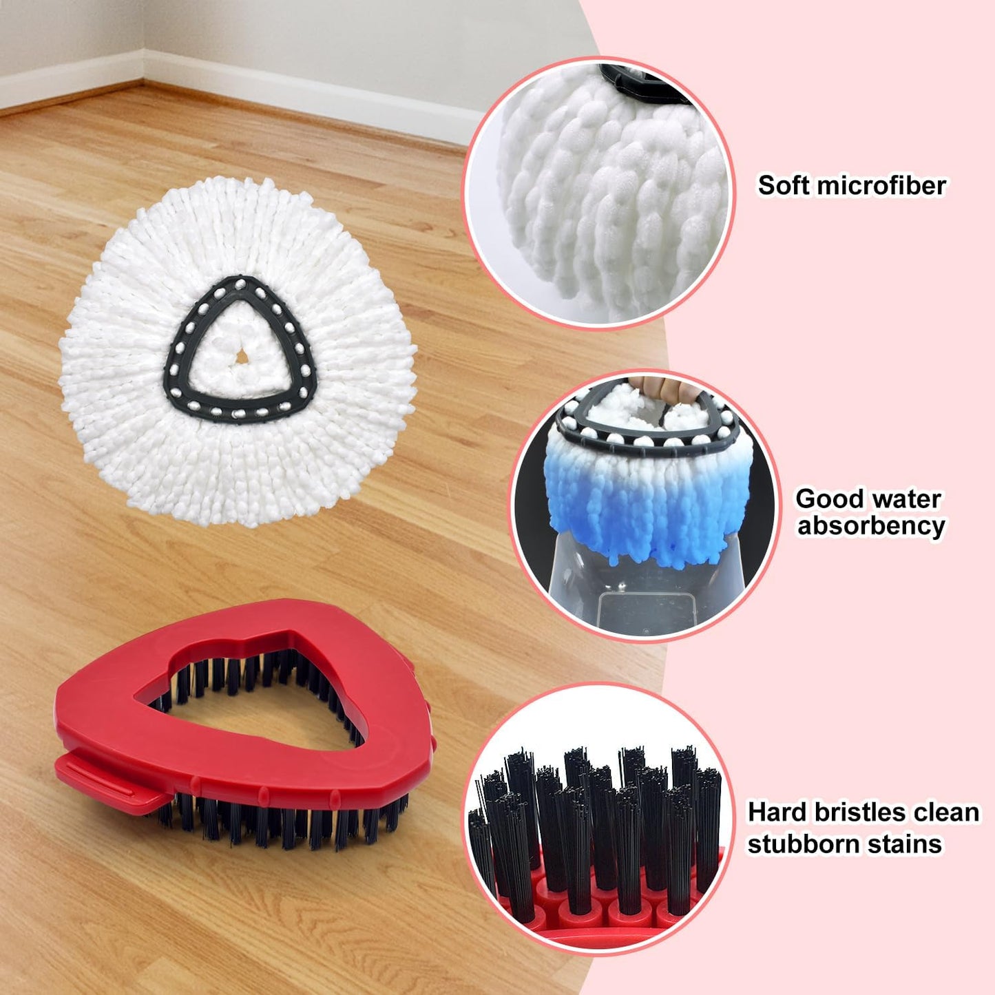 Mop Replace Heads Mop Handle and Base Replacement for O Cedar EasyWring 1-Tank Spin Mop System, 2 Microfiber Mops Refills, 4-Section Iron Mop Handle 30-58Inch and 1 Mopping Heads Cover Set (No Bucket)
