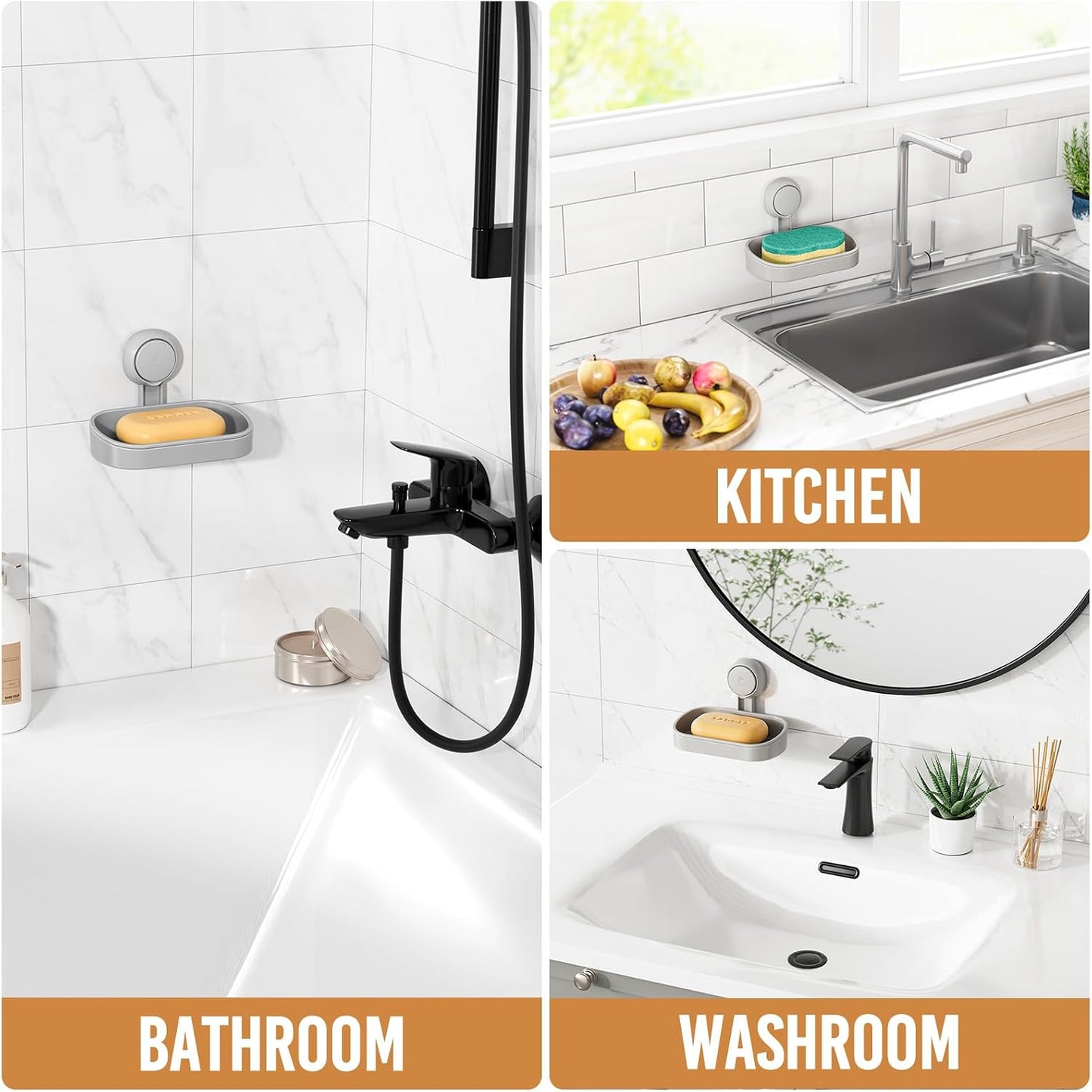 LEVERLOC Soap Dish Holder for Shower Suction Cup Wall Mounted Self Draining NO-Drilling Removable Bar Soap Sponge Holder for Bathroom Bathtub Kitchen Sink Waterproof Strong Vacuum Suction Adhesion