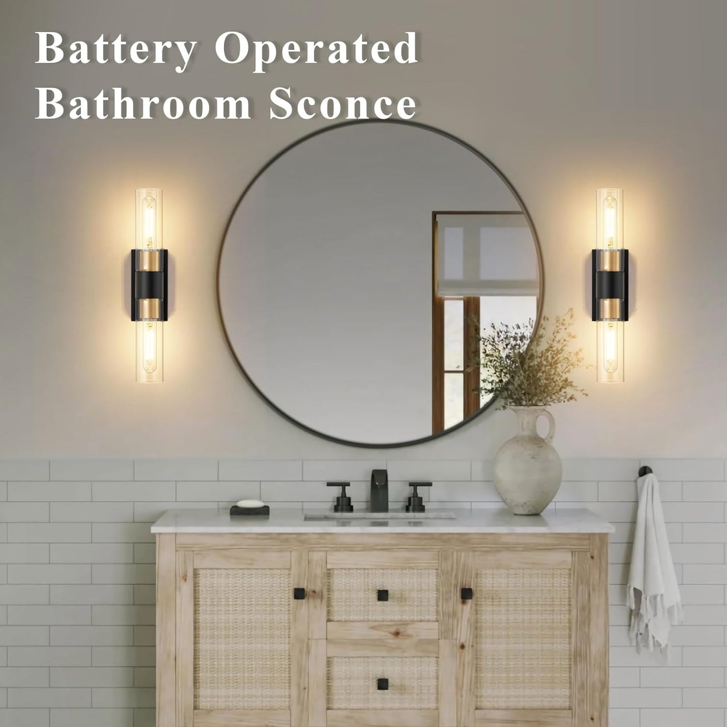 SANTOSTOCK Gold Battery Operated Wall Sconce Set of 2, 12000mAh Rechargeable Wall Lights with Remote Control, Wireless Dimmable Wall Lamps for Bedroom Living Room Bathroom Hallway Stairwell
