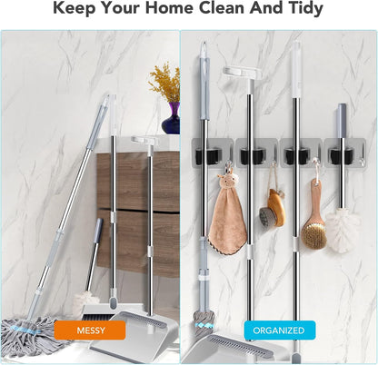 homeasy Mop Broom Holder No Drill, Mop Broom Organizer Wall Mounted Heavy Duty with Hooks Hanger, Self Adhesive Stainless Steel 4Pcs for Bathroom, Kitchen, Office (Silver)