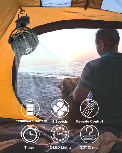 Portable Fan with Remote Control & Timer & LED Lights, 60hrs 12000mAh USB Rechargeable Battery，Clamp/Hanging/Stand Up, Small Clip on Fan for Baby Stroller, Bed, Desk, Camping Tent, Travel