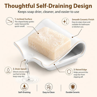 Zoeeker Self-Draining Soap Dish, Ceramic Soap Holder with Drain Spout Waterfall Drying Tray for Shower Bathroom Kitchen Sink Bathtub, Keep Soap Bars Dry, Blue