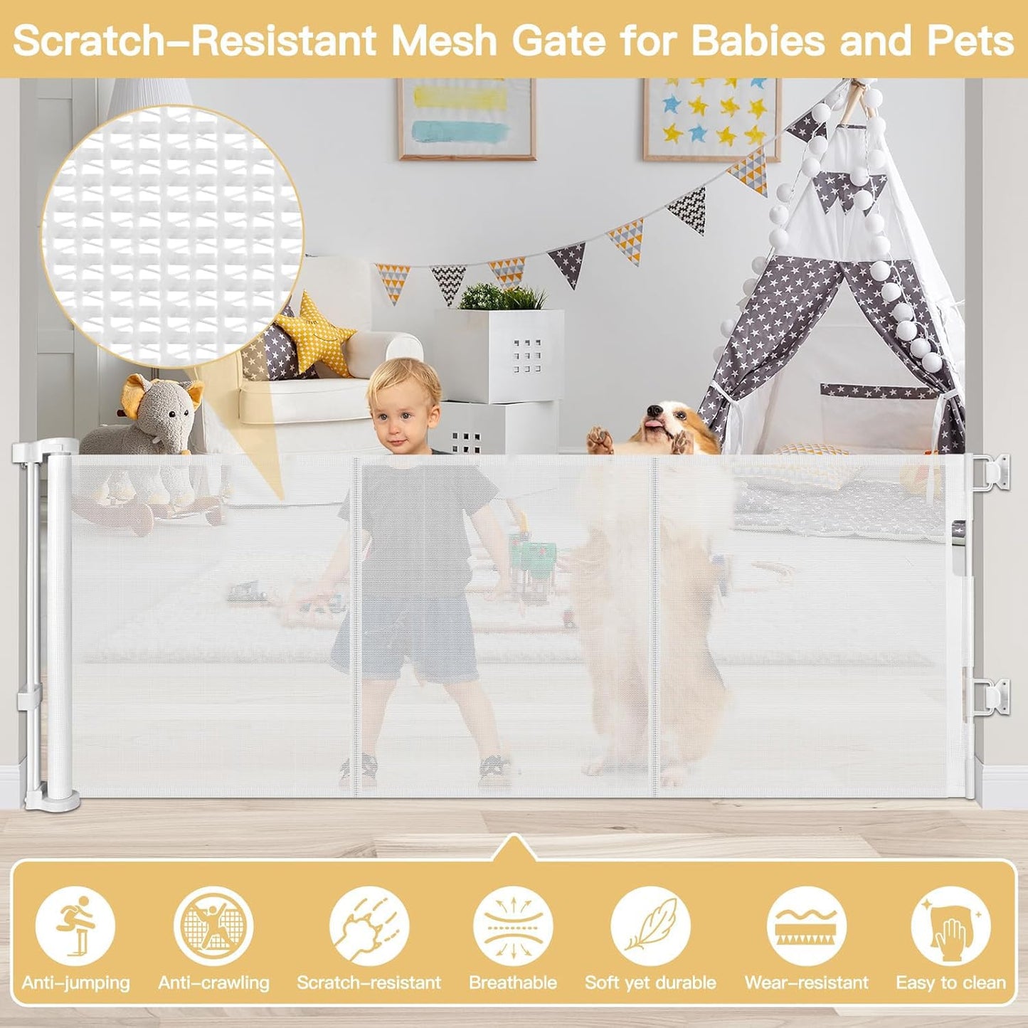 Reinforced 28-Inch Tall Retractable Baby Gates for Doorways, Walk Through Pet Gate for Stairs, Short Baby Gate with Support Rods, 55 Inch Wide Mesh Gate Retractable Gate Small Dog Gate, Gray