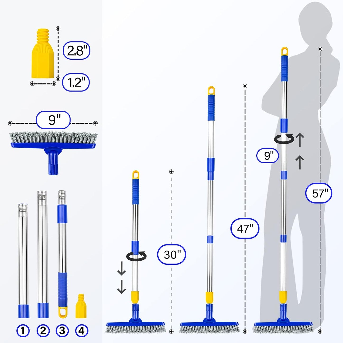 ITTAR Grout & Scrub Brush Combo, Floor Scrubber with Long Handle, Multi-Purpose Stiff Bristles Cleaning Brush Set for Tile, Grout, Deck, Kitchen, Shower Floor (2 Pcs)