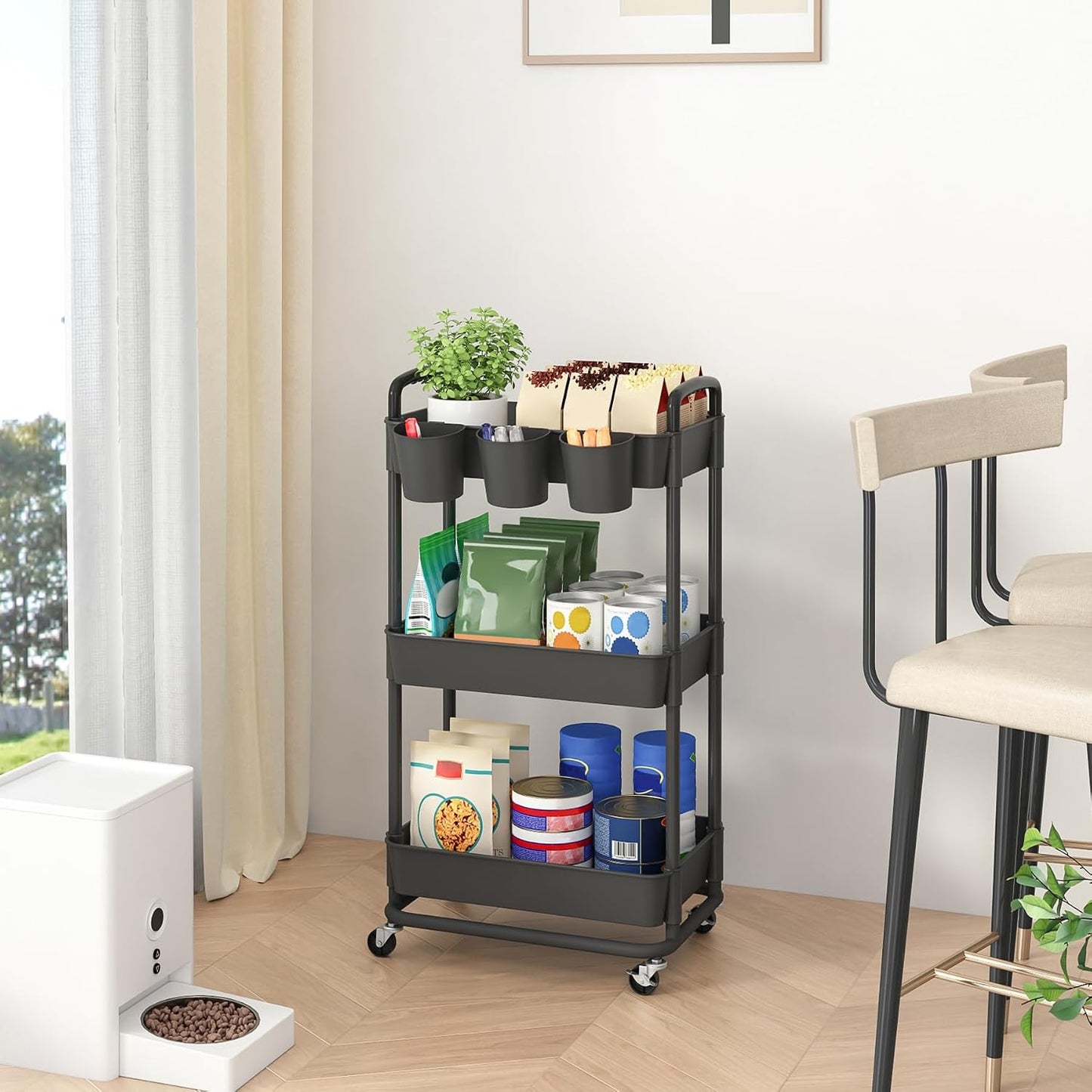 JIUYOTREE 4-Tier Plastic Rolling Storage Cart Utility Cart with Extra Hanging Cups Handles Lockable Wheels for Living Room Bathroom Kitchen Office White