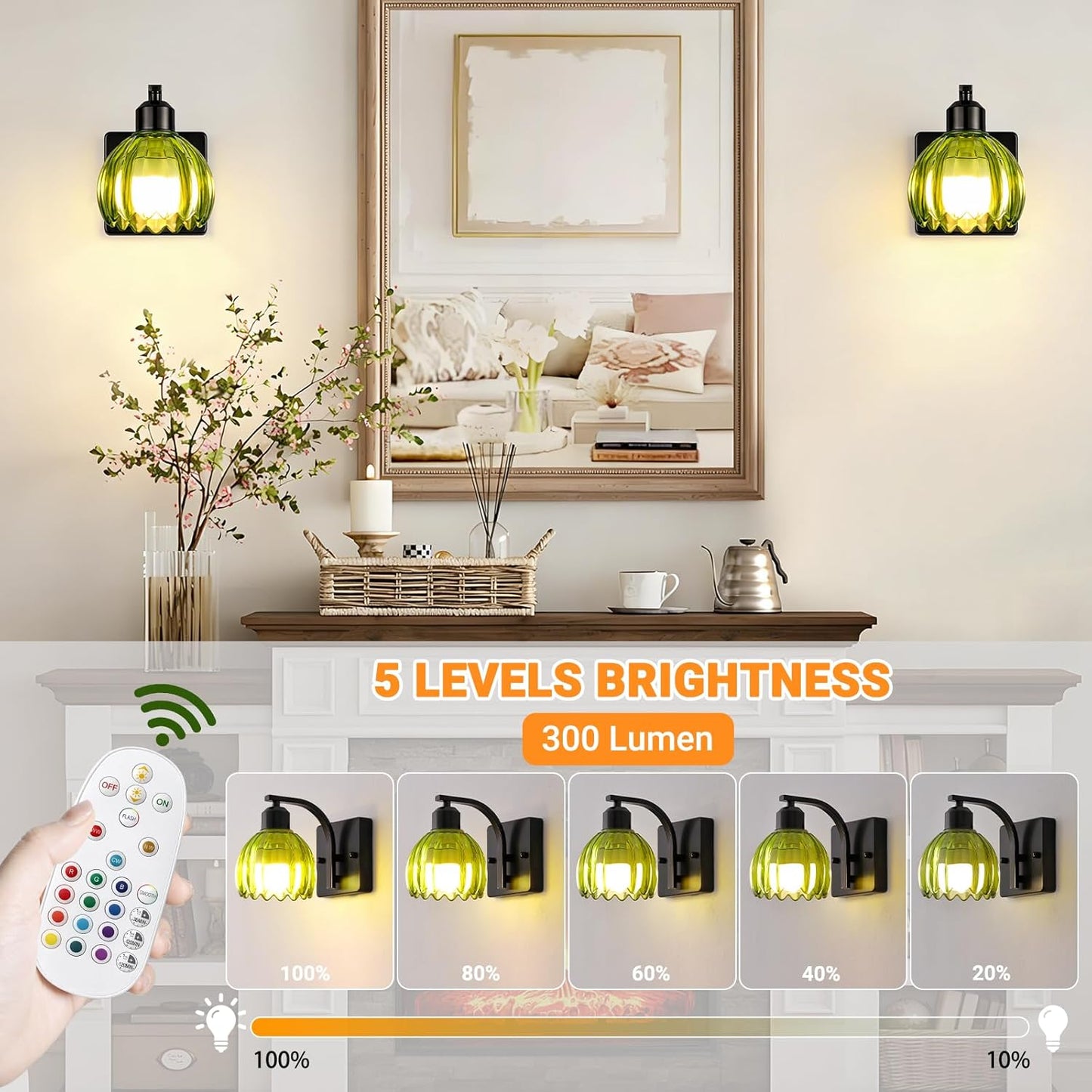 Rechargeable Battery Operated Wall Sconce Set of 2, Wireless Battery Powered Gold Wall Lamps with Green Tulip Glass, Vintage Dimmable Wall Lights with Remote Control for Bedroom Living Room