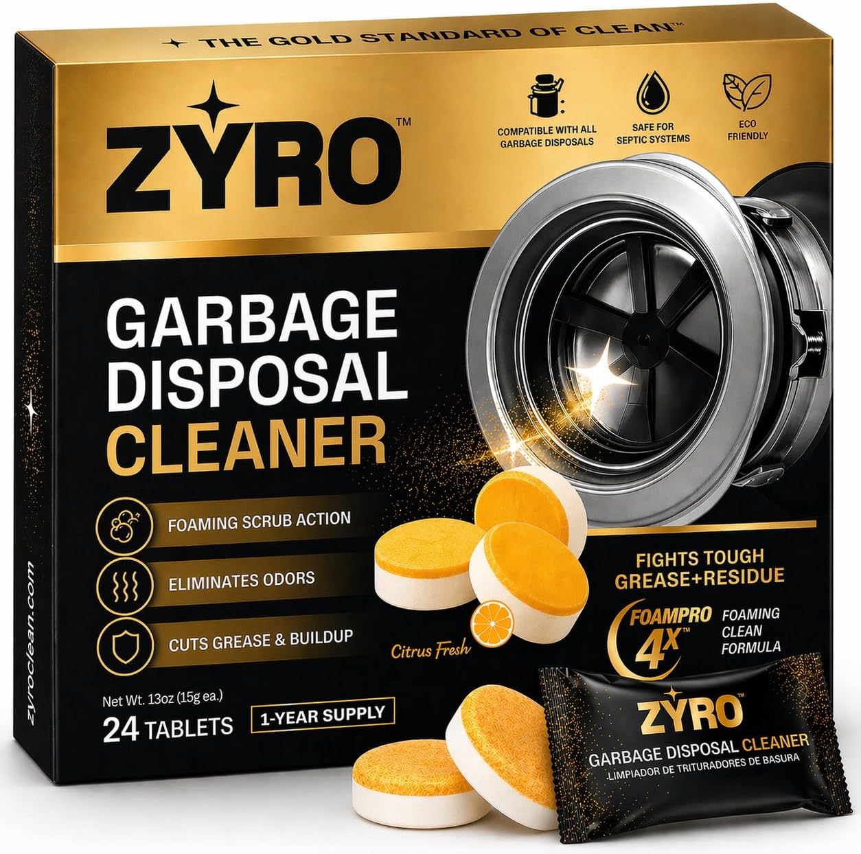 Zyro Garbage Disposal Cleaner Tablets – 24 Pack | Kitchen Sink Drain Cleaner & Deodorizer | Eliminates Odors | Fights Grease & Food Buildup | Foaming Citrus Fresh | 1 Year Supply