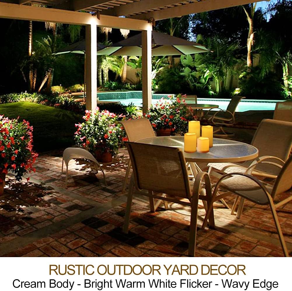 Set of 4 White Outdoor LED Pillar Candles 3x4 3x5 3x6 3x7 with Timer and Remote - IP65 Waterproof Battery Operated LED Pillar Candles - Flickering Flameless Pillar Candles Unscented Outside