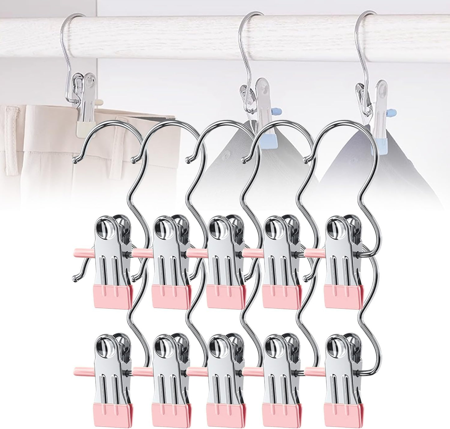 Space-Saving Clothespin Hat Pants Storage Hanging Travel Hook, Stainless Steel Boot Hangers Clips Boot Hangers for Closet, Laundry Hooks Hanging Clips Clothes Pins Socks Towel Clips (Black, 10Pcs)