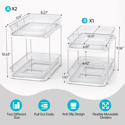 Delamu 2 Sets of 3-Tier Bathroom Under Sink Organizers and Storage, Multi-Purpose Stackable Pantry Organization and Storage, Pull Out Clear Kitchen Bathroom Cabinet Organizer with Movable Dividers | Storage