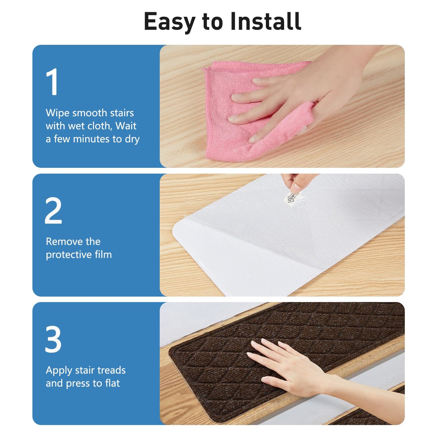 Non Slip Stair Treads for Wooden Steps,15 Pack 8" X 30" Stairs Carpet Treads Indoor with Reusable Peel and Stick Adhesive for Kids Elders and Pets
