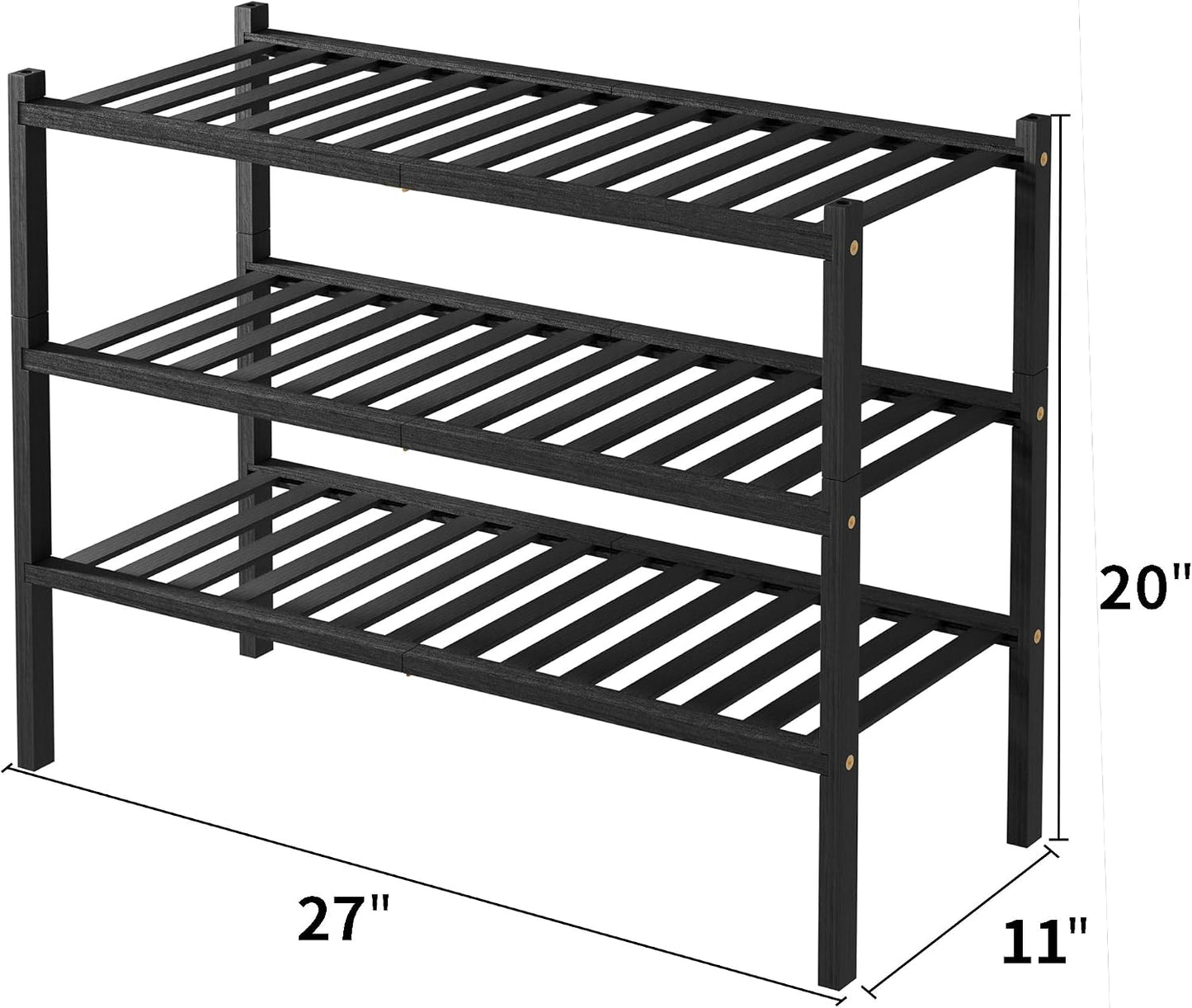 ROMGUAR CRAFT 3 Tier Bamboo Shoe Rack for Closet Free Standing Wood Shoe Shelf Storage Organizer for Entryway Small Space Stackable 27"x11"x20" (Natural)