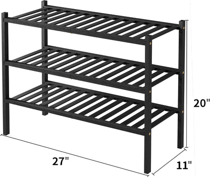 ROMGUAR CRAFT 3 Tier Bamboo Shoe Rack for Closet Free Standing Wood Shoe Shelf Storage Organizer for Entryway Small Space Stackable 27"x11"x20" (Natural)