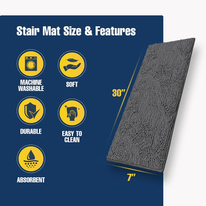 Muddy Mat® Pack of 4 - Soft Chenille Stair Treads Non-Slip Reusable, Super Absorbent Stair Treads for Wooden Steps, Tile & Marble Floor, Easy to Install & Machine Washable - Brown 30'' x 7''