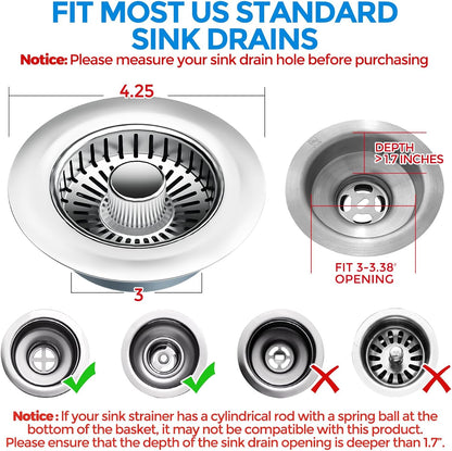 Sink Drain Strainer - Sink Stopper Kitchen Drain, 3 in 1 Kitchen Sink Drain Strainer with Anti-Clogging Basket, Kitchen Gadgets Clearance Sink Accessories, Fit US Standard 3-1/2'' Sink Hole, Silver