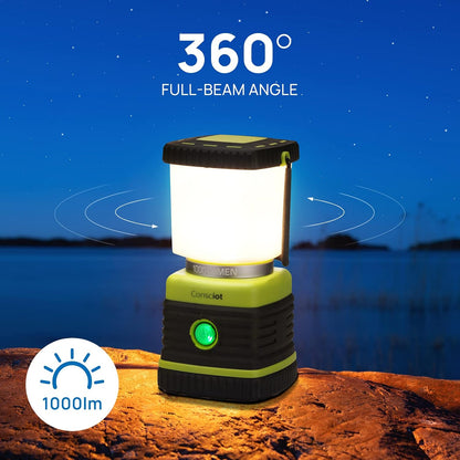 Consciot LED Battery Powered Camping Lantern, 1000LM, 4 Light Modes, IPX4 Waterproof Portable Tent Flashlight for Power Outages, Emergency, Hurricane, Hiking, Light Green, 2-Pack