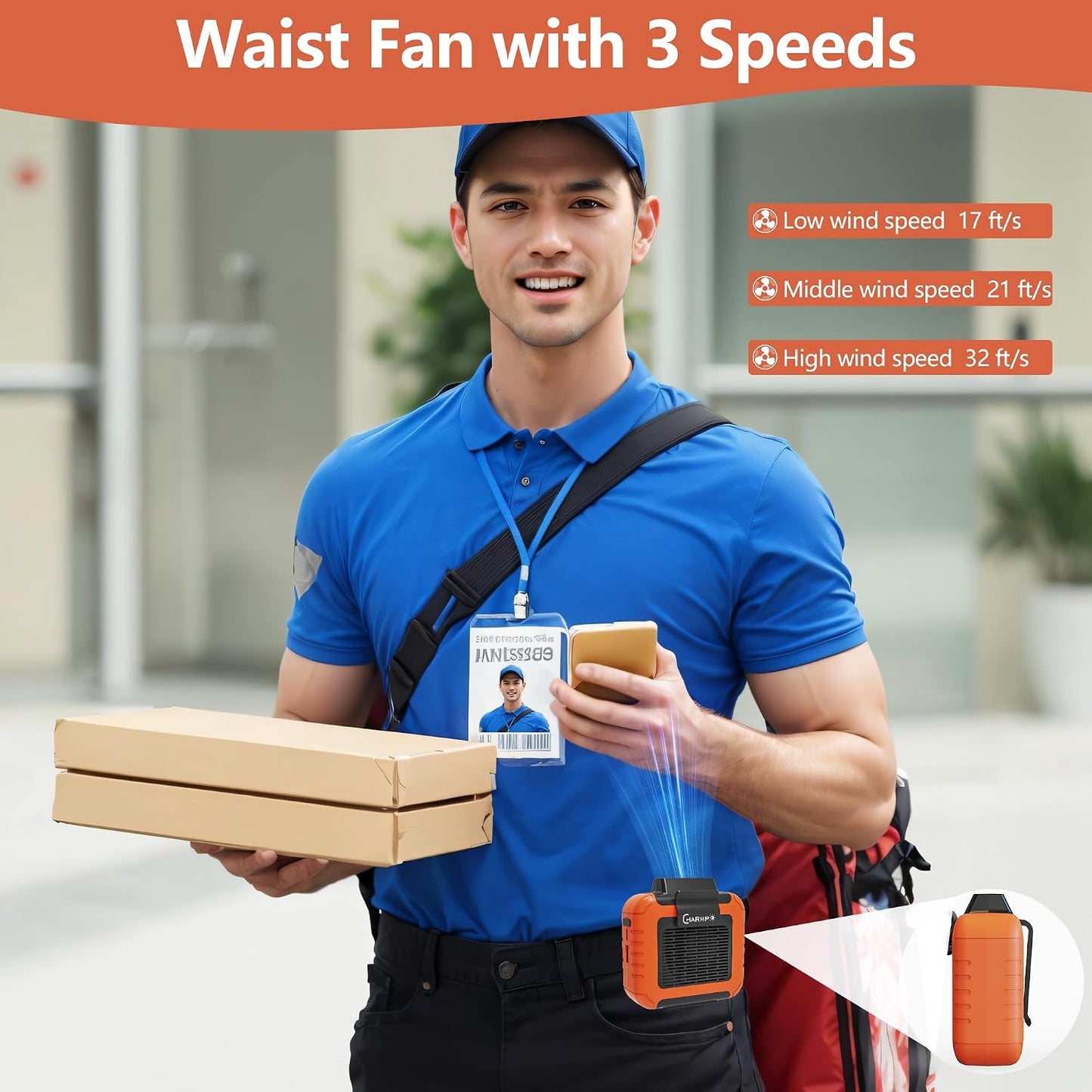 Waist Clip Fan - 5000mAh Rechargeable Portable Personal Fan, 39ft/s Ultra-Strong Wind, 29H Runtime, 5 Speeds, LED & SOS Light, for Outdoor, Camping, Hiking, Construction
