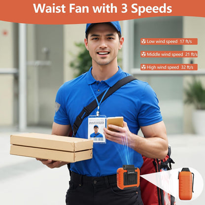 Waist Clip Fan - 5000mAh Rechargeable Portable Personal Fan, 39ft/s Ultra-Strong Wind, 29H Runtime, 5 Speeds, LED & SOS Light, for Outdoor, Camping, Hiking, Construction