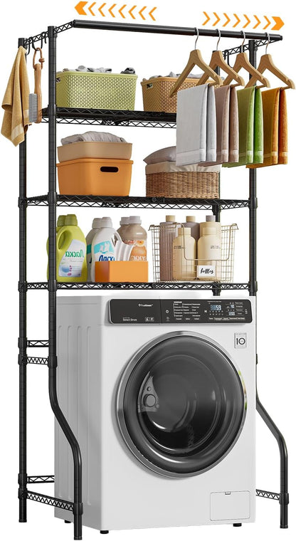 ONBRILL Expandable Over Washer and Dryer Shelves, 3 Tiers Laundry Room Organization and Storage with Hanger Rod, 4 Hooks, Adjustable Height Metal Freestanding Clothes Drying Rack, White