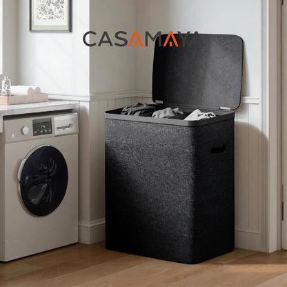 CASAMAYA Laundry Basket with Lid, Laundry Hamper 3 Section, 190L collapsible Laundry Organizer, Easy Assembly, with Handles and Removable Liners, 25.2 x 15.7 x 29.5 Inches, Beige JSP904M