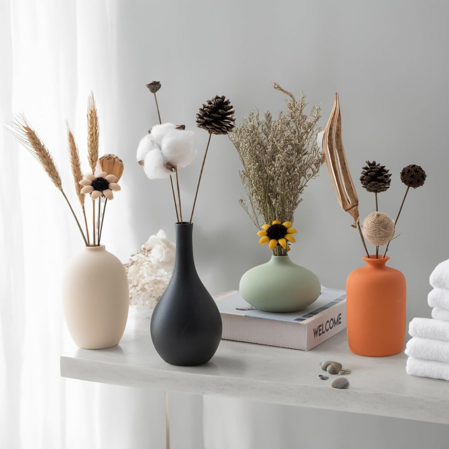 Small Ceramic Matte Vase Set 4 for Modern Home Decor Flower Decoration Office,Bookdesk, Bookshelf, Centerpieces, Tables, Living Room, Dining Table, Bedroom Shelf Entryway Ornament Gift