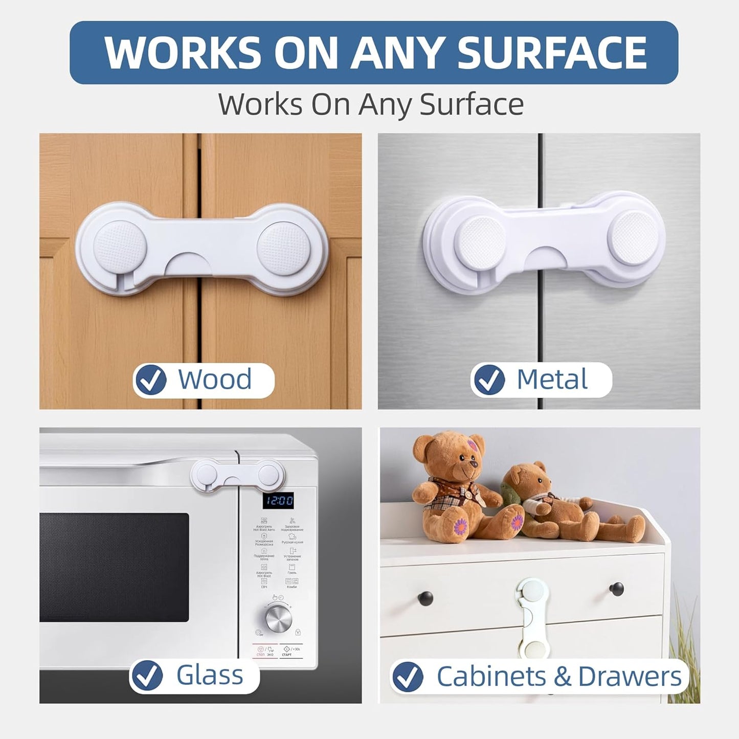 Baby Proof Cabinet Locks – 5 Pack Child Safety Latches for Cabinets, Drawers, Fridge, Pantry & Closet | No Drill Adhesive Cabinet Door Locks | Easy for Adults, Hard for Kids (White)
