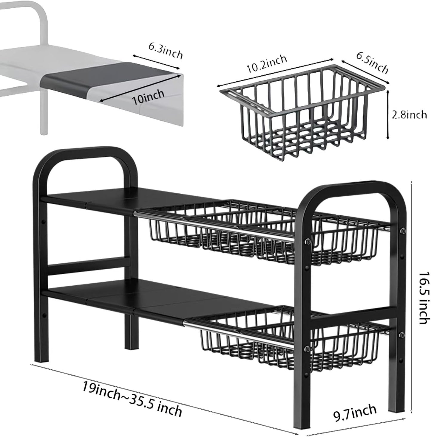 Under Sink Organizer，2 Tier Expandable Heavy Duty Metal Shelf，with 5 Removable Panels and 5 Storage Basket for Under Kitchen Bathroom Sink Organizers and Storage(Black, Large)