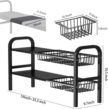 Under Sink Organizer，2 Tier Expandable Heavy Duty Metal Shelf，with 5 Removable Panels and 5 Storage Basket for Under Kitchen Bathroom Sink Organizers and Storage(Black, Large)