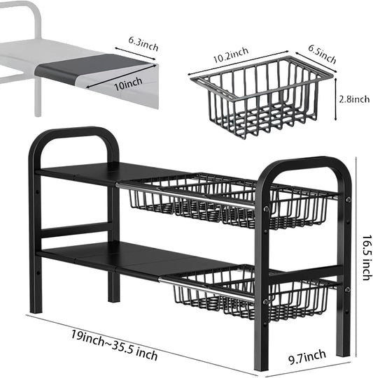 Under Sink Organizer，2 Tier Expandable Heavy Duty Metal Shelf，with 5 Removable Panels and 5 Storage Basket for Under Kitchen Bathroom Sink Organizers and Storage(Black, Large)