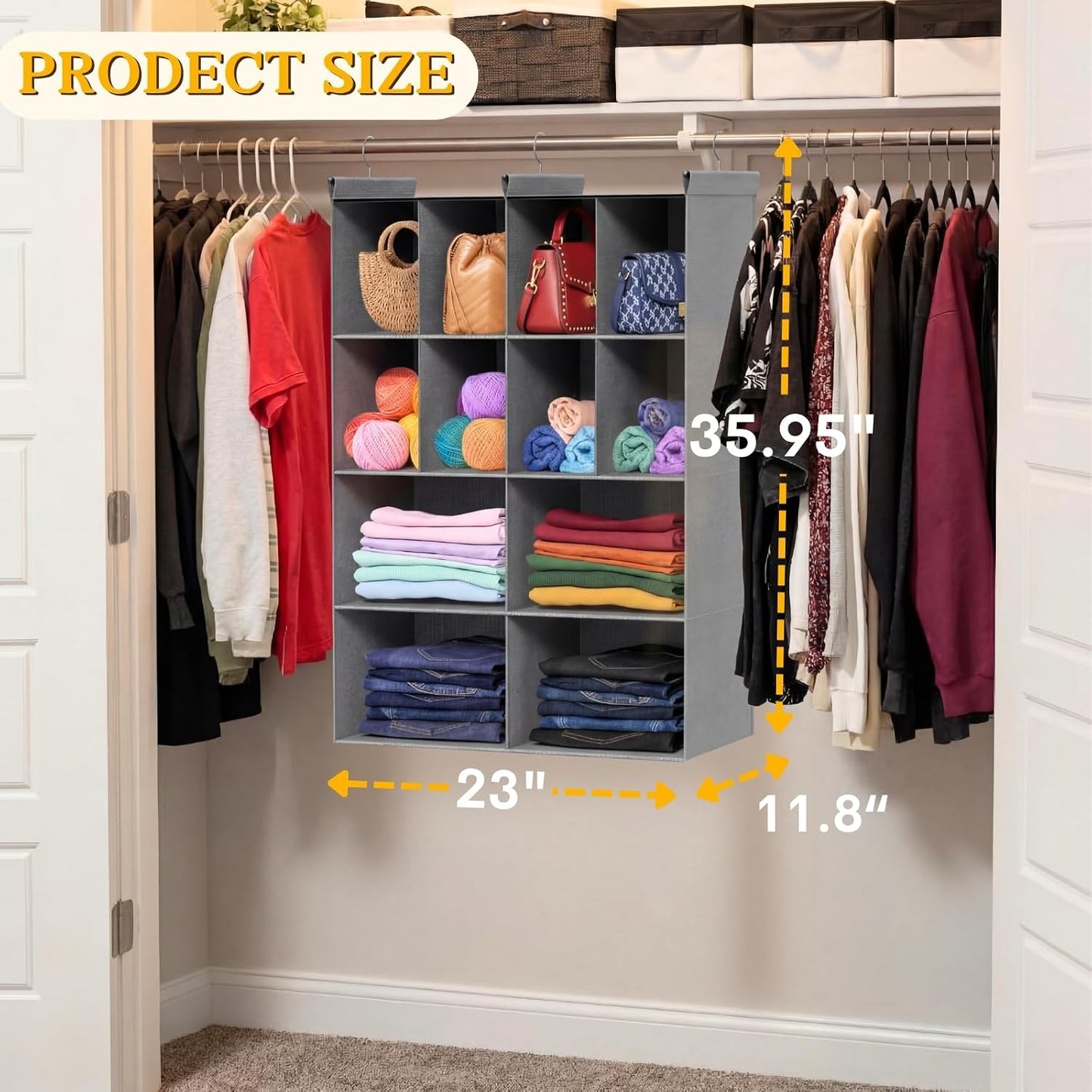 Ofiray-home 6 Tier Hanging Closet Organizer, 16 Compartments Sweater Organizer for Closet with 3 Sturdy Hooks, Closet Organizers and Storage, Wardrobe, Rv, Garment Rack, Grey