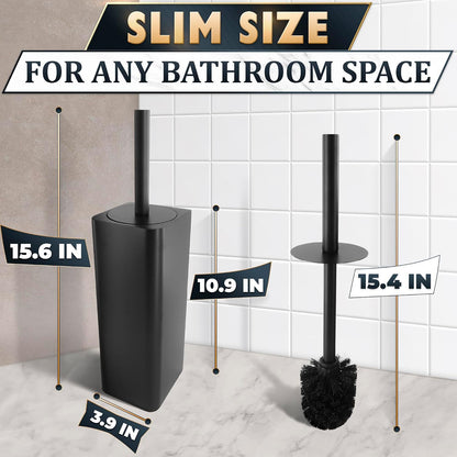 Black Toilet Brush and Holder Set - Slim Matte Design that Fits Anywhere - Stainless Steel Toilet Bowl Brush and Holder with 2 Rounded Corners, Replaceable Head, Removable Inner Bowl & Splash Guard