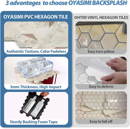 10-Sheet Heavy-Duty Hexagon Peel and Stick Backsplash, Thick Waterproof &Heat Resistant Stick on Wall Tiles, Slate Beige Mosaic for Kitchen & Bathroom, Strong Adhesive Permanent PVC Tiles