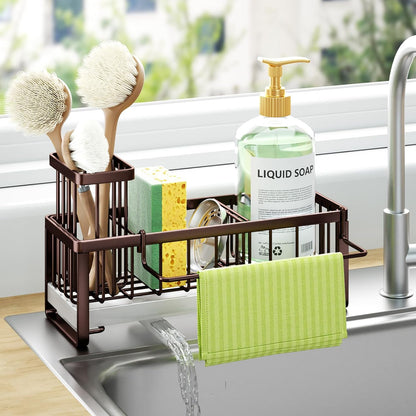HapiRm Sponge Holder for Kitchen Sink - Self-draining Sink Caddy with Brush and Dishcloth Holders, Stainless Steel Kitchen Countertop Organizers and Storage Essentials - Black