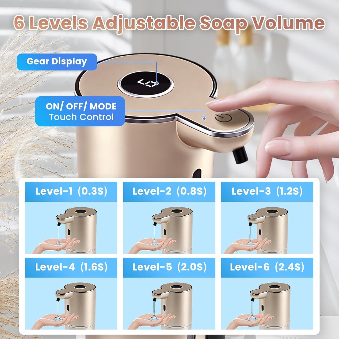 Automatic Soap Dispenser, Touchless Liquid Soap Dispensers, USB Rechargeable, 6-Level Adjustable Volume Control, 12.8oz/380ml, Wall Mount for Kitchen, Bathroom, Free Stickers (Gold)