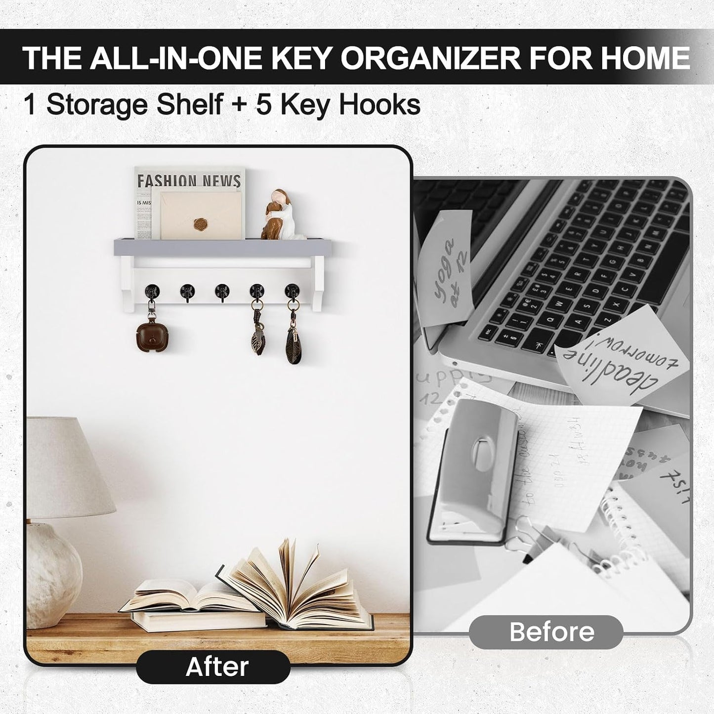 Key and Mail Holder Wall Mount, Key Holder with Shelf and Mail Organizer Wall Mount. Mail Holder with 5 Hooks for Coat, Dog Leash, Home Decor Rack, Entry Way Organizer (White)