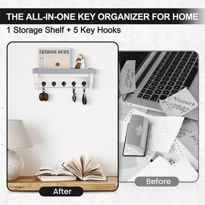Key and Mail Holder Wall Mount, Key Holder with Shelf and Mail Organizer Wall Mount. Mail Holder with 5 Hooks for Coat, Dog Leash, Home Decor Rack, Entry Way Organizer (White)
