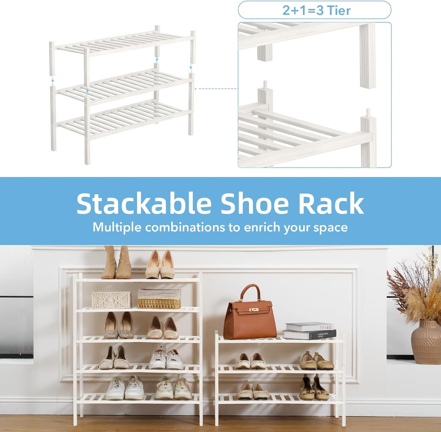 4 Tier Bamboo Shoe Rack Storage Organizer for Closet, Multifunctional Stackable Free Standing Shoe Shelf Organizer for Small Space,Entryway, Hallway, Bathroom27 x11 x26(White, 4 Tier)