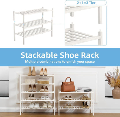 4 Tier Bamboo Shoe Rack Storage Organizer for Closet, Multifunctional Stackable Free Standing Shoe Shelf Organizer for Small Space,Entryway, Hallway, Bathroom27 x11 x26(White, 4 Tier)