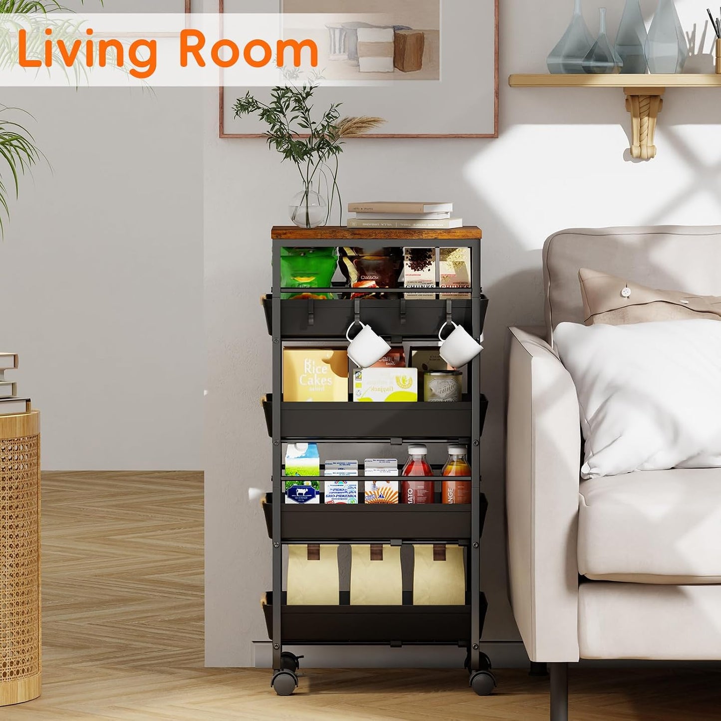 5-Tier Slim Storage Cart, Wooden Top Rolling Kitchen Cart with Pull-Out Baskets & Wheels, Narrow Space Utility Cart Slide Out Organizer for Kitchen, Bathroom, Laundry Room, White
