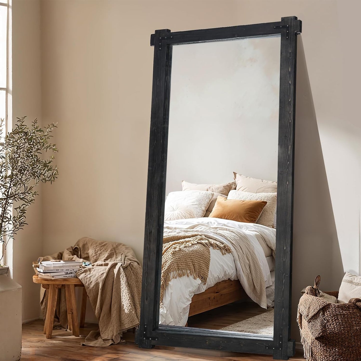 65x24 Inch Full Length Mirror, Pine Frame Full Body Standing Mirror with Metal Decorative, Black